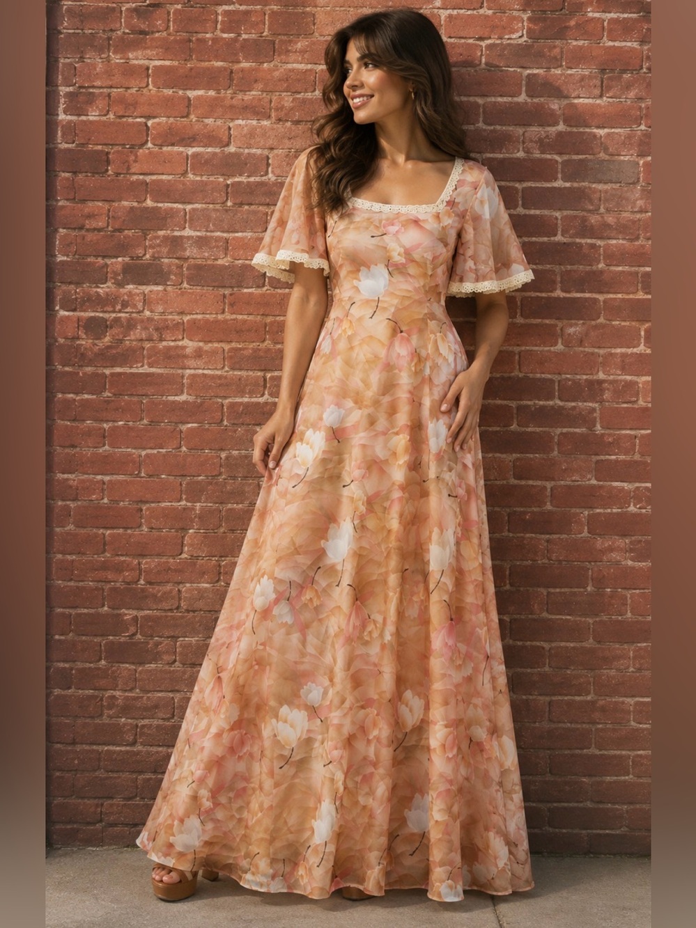Vintage 70s Orange Tropical Watercolor Print Short Sleeved Hippie Maxi D…